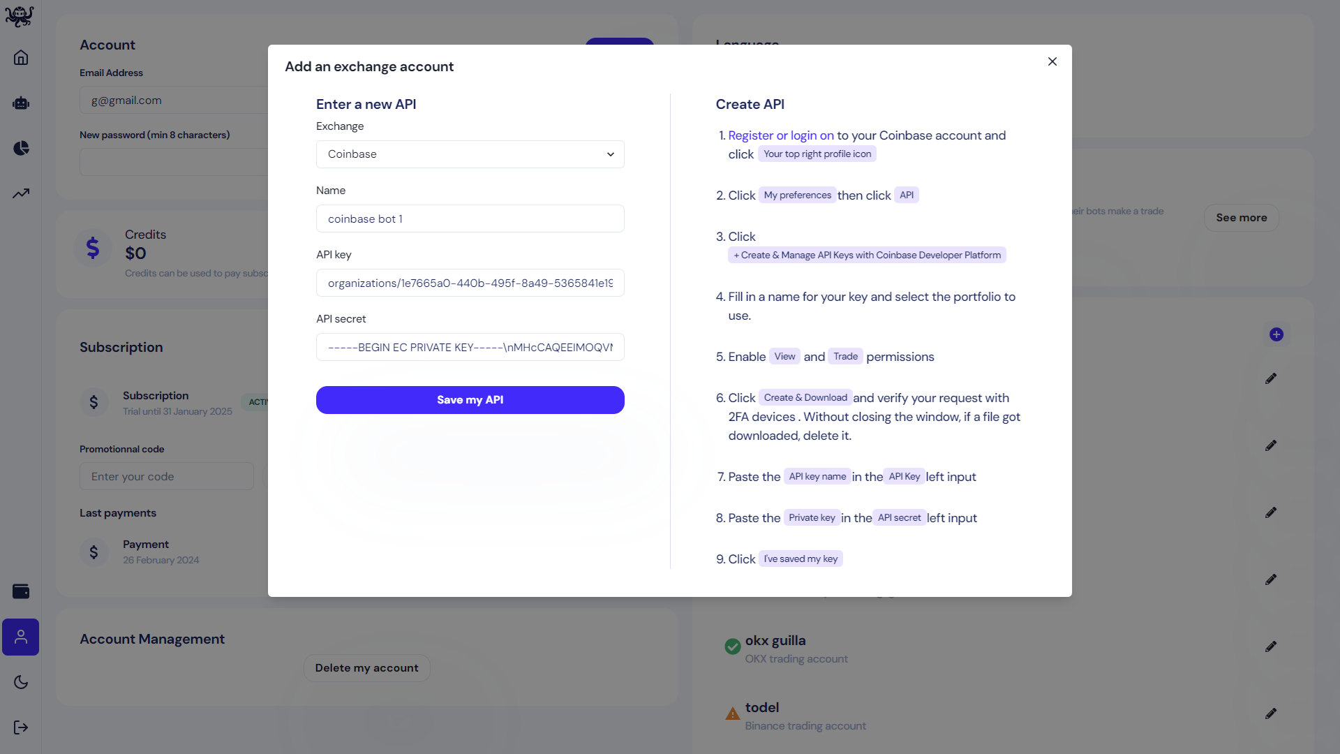 add API Key to octobot cloud from profile