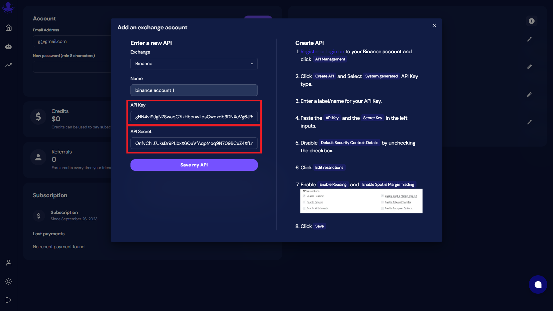add API Key to octobot cloud from profile