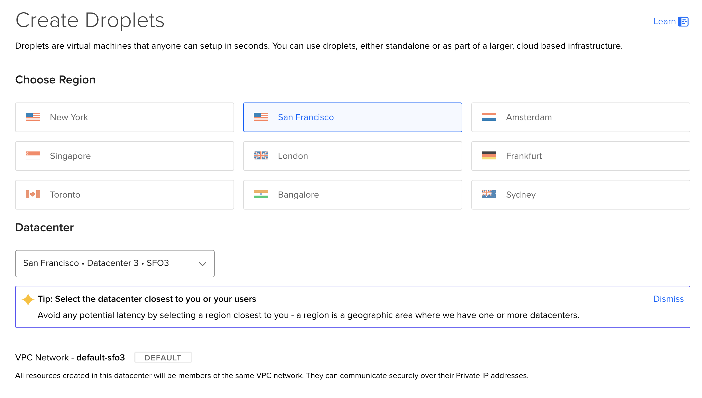 DigitalOcean Droplet choose region