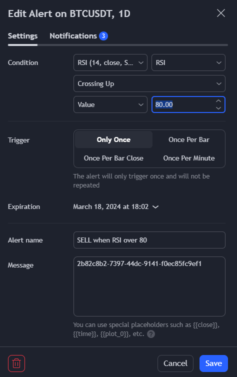 creating an indicator alert from
tradingview