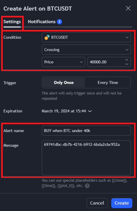 creating a price alert from
tradingview