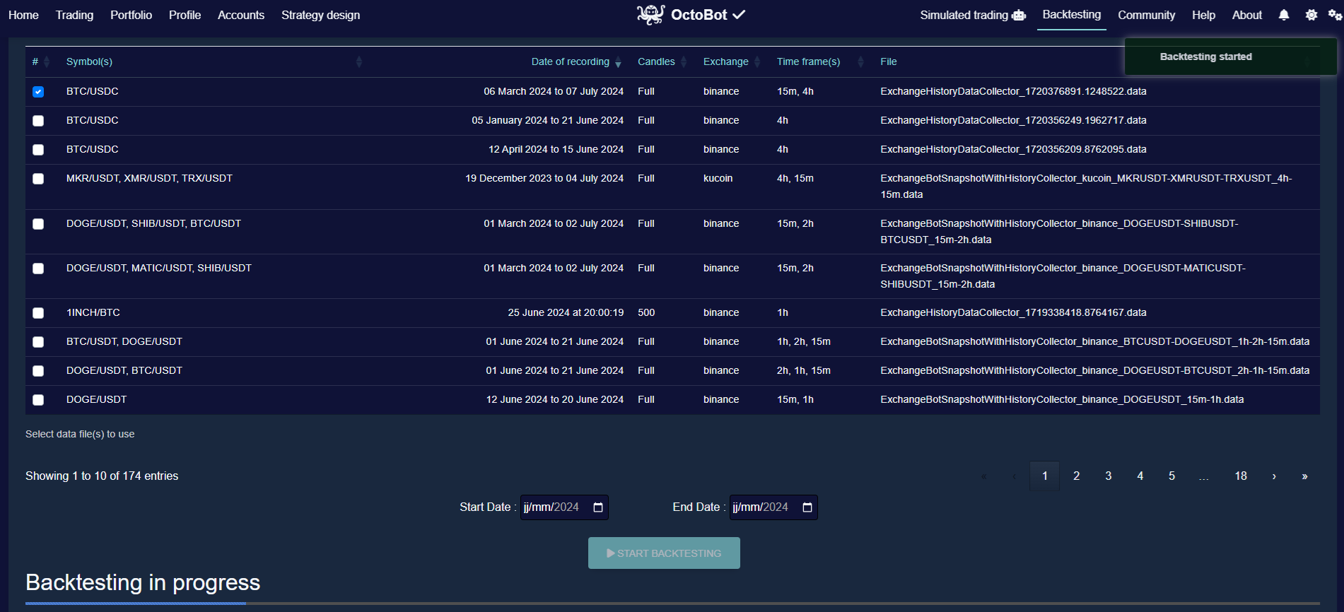 octobot backtesting data selector starting a backtesting