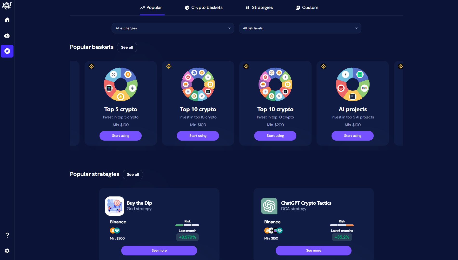 OctoBot cloud strategies explorer with crypto baskets and strategies