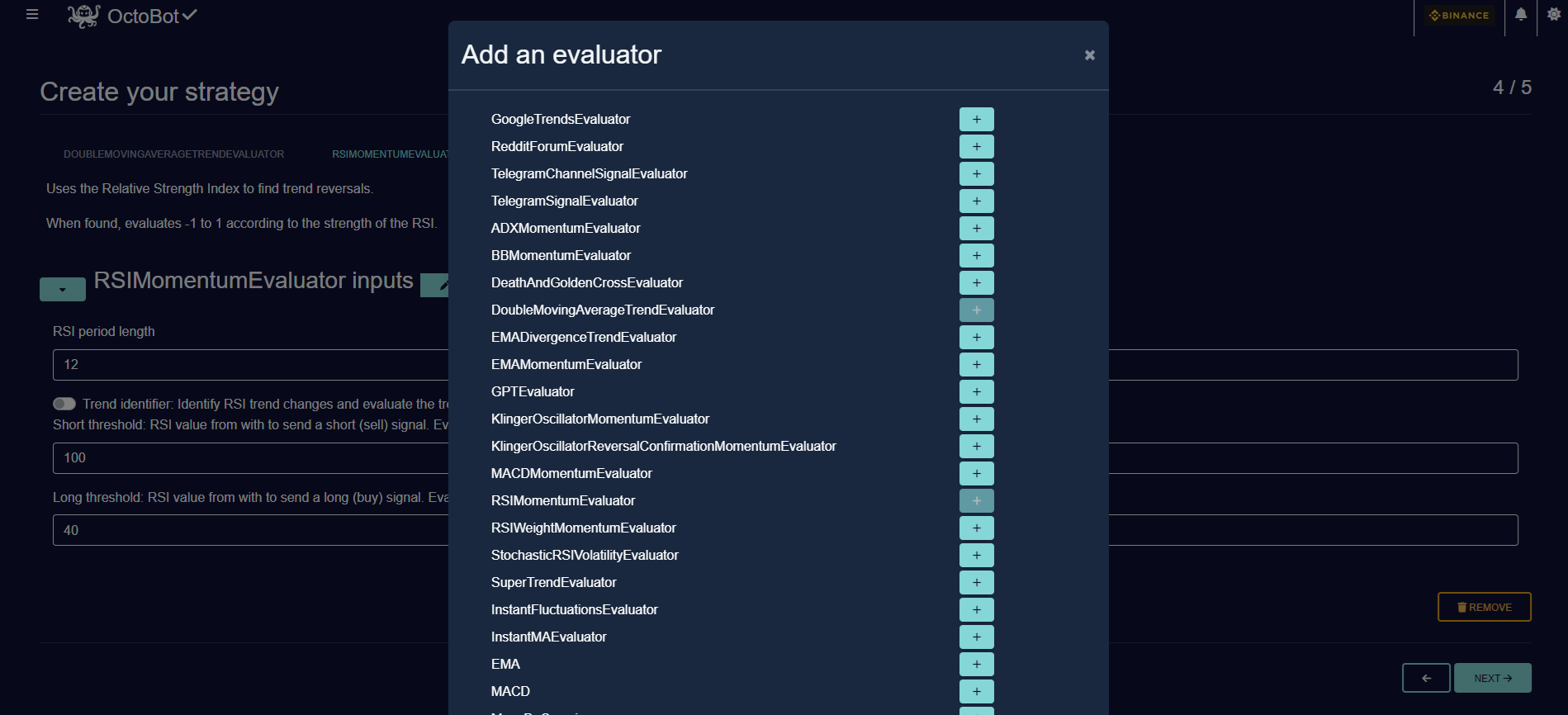 octobot strategy designer create a new strategy select and configure evaluators