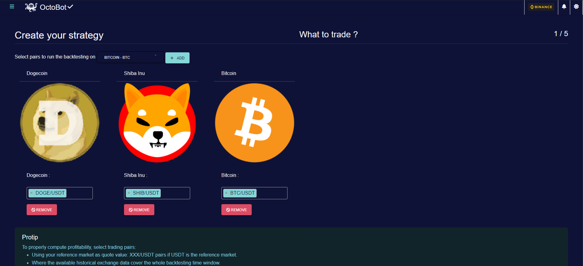 octobot strategy designer create a new strategy select coins