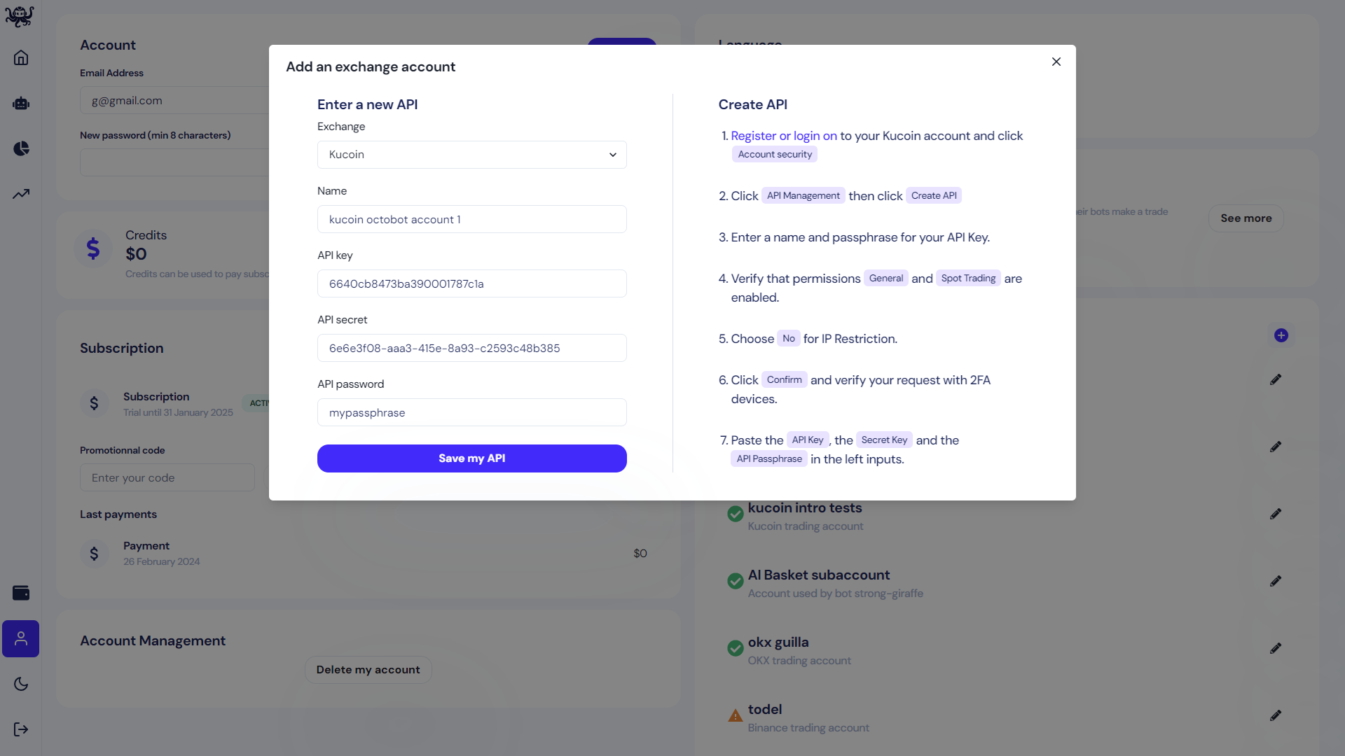 ajouter api key a octobot cloud depuis profil