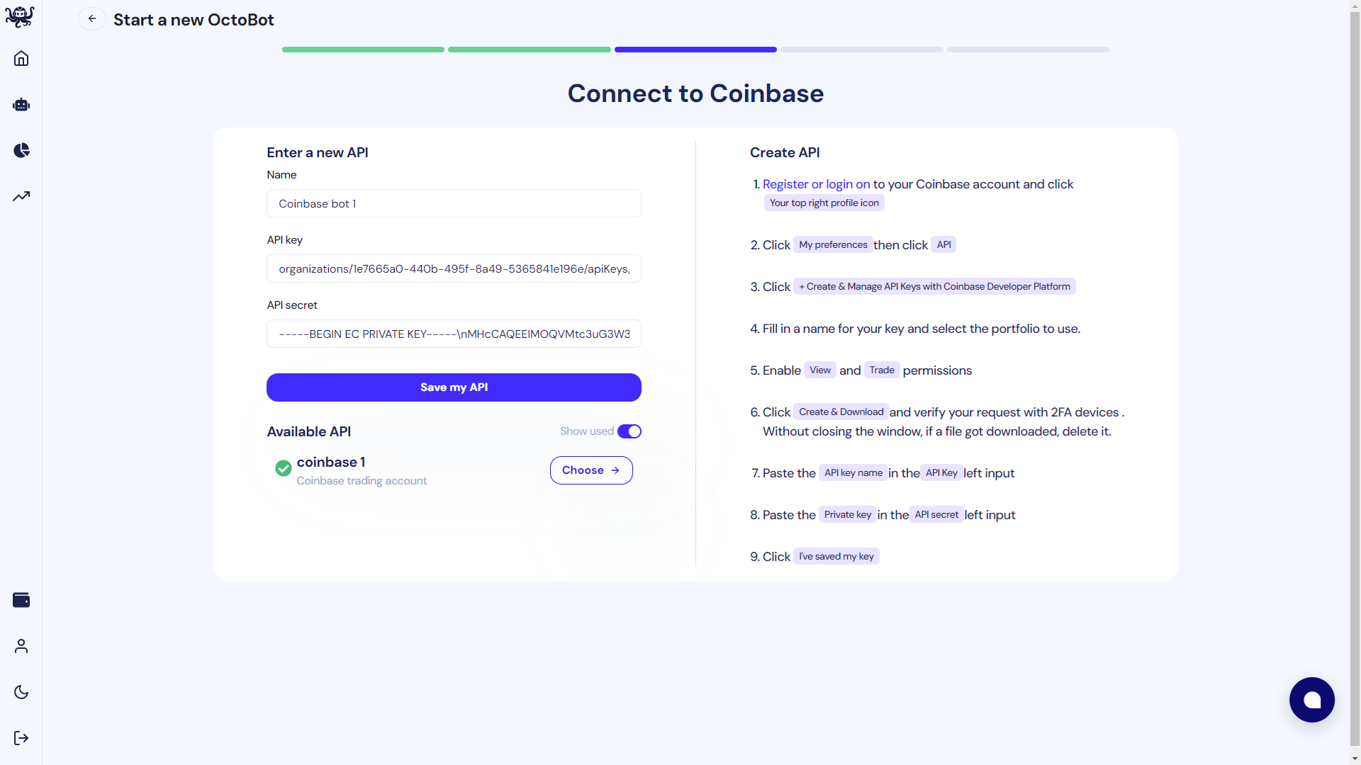 ajouter api key a octobot cloud depuis start de strategie