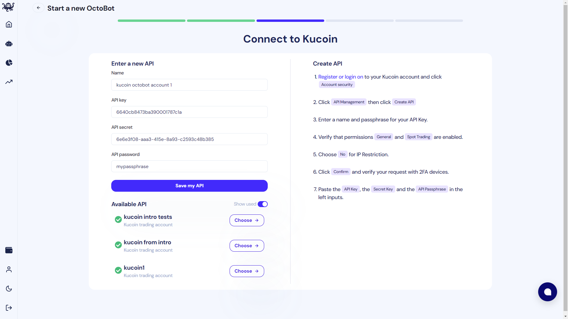 ajouter api key a octobot cloud depuis start de strategie