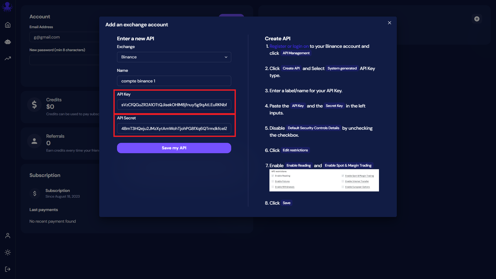 ajouter api key a octobot cloud depuis profil