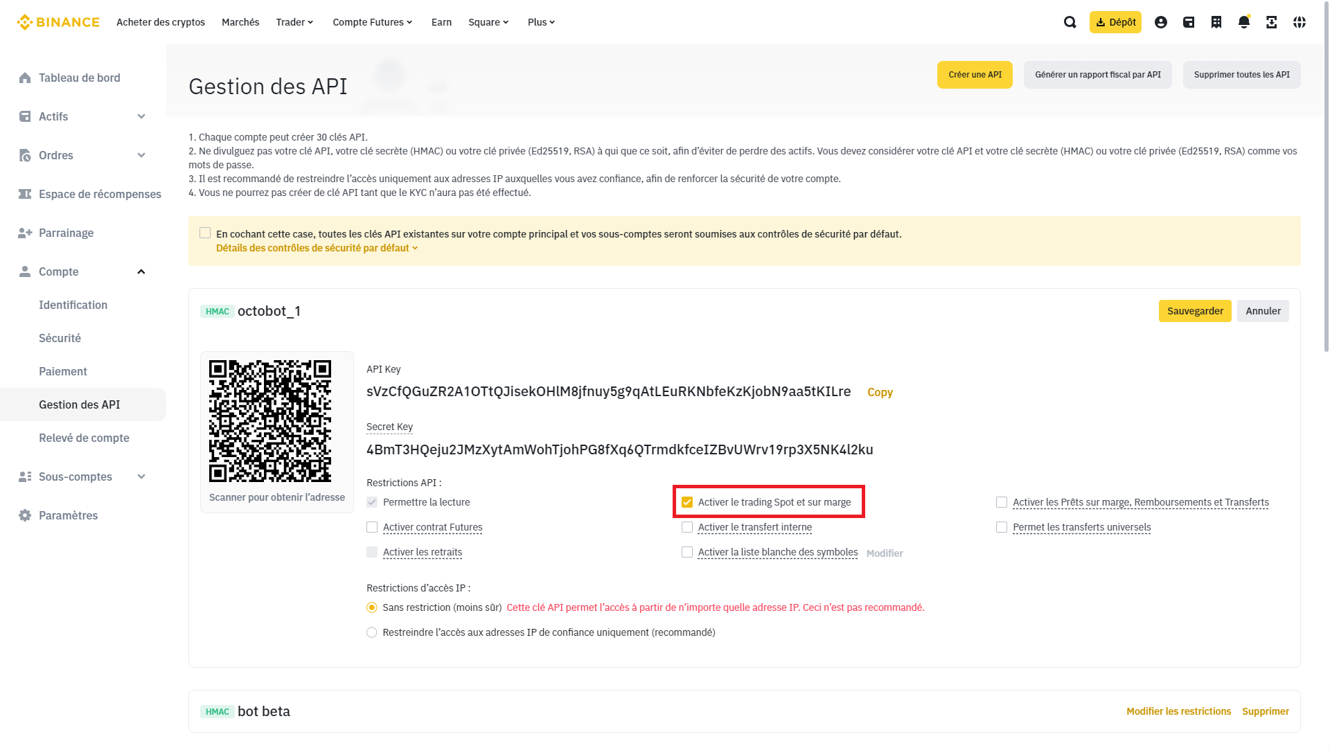 api cree ajouter trading permission