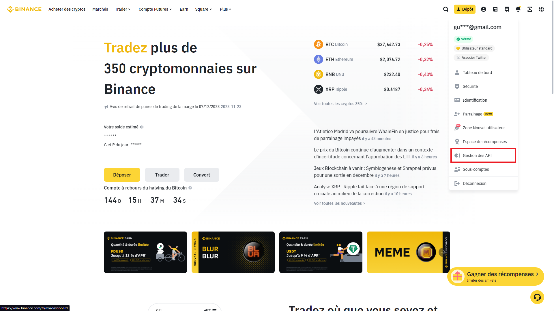 compte lien gestion des api depuis navbar
