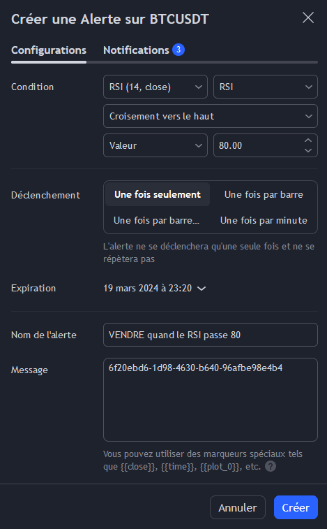 creer une alerte depuis un indicateur
tradingview