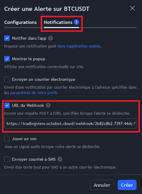 creer une alerte sur tradingview avec webhook
url