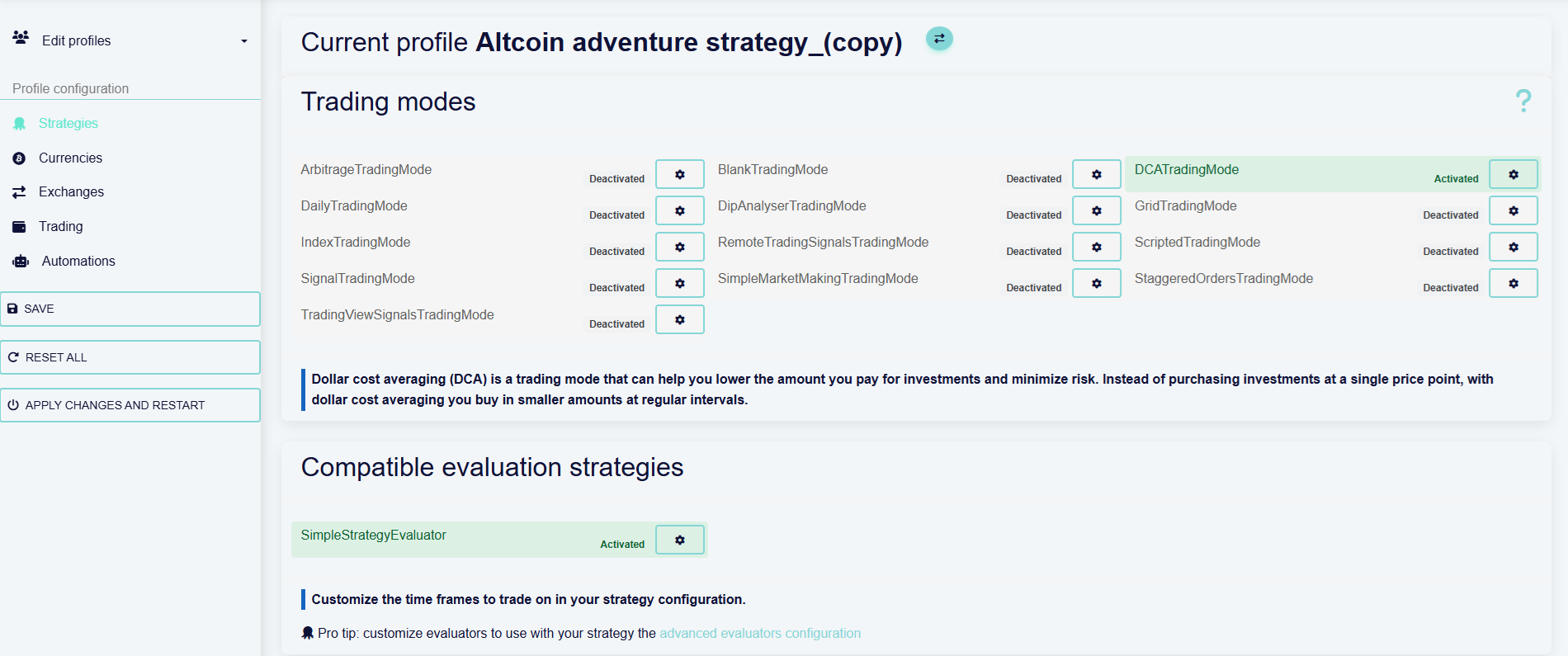 custom profile trading modes selector