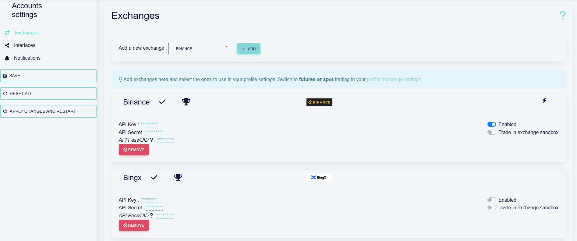 exchange accounts configuration in octobot
