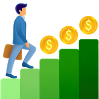 grid trading illustrated by a man stepping up on green stairs grabbing
coins