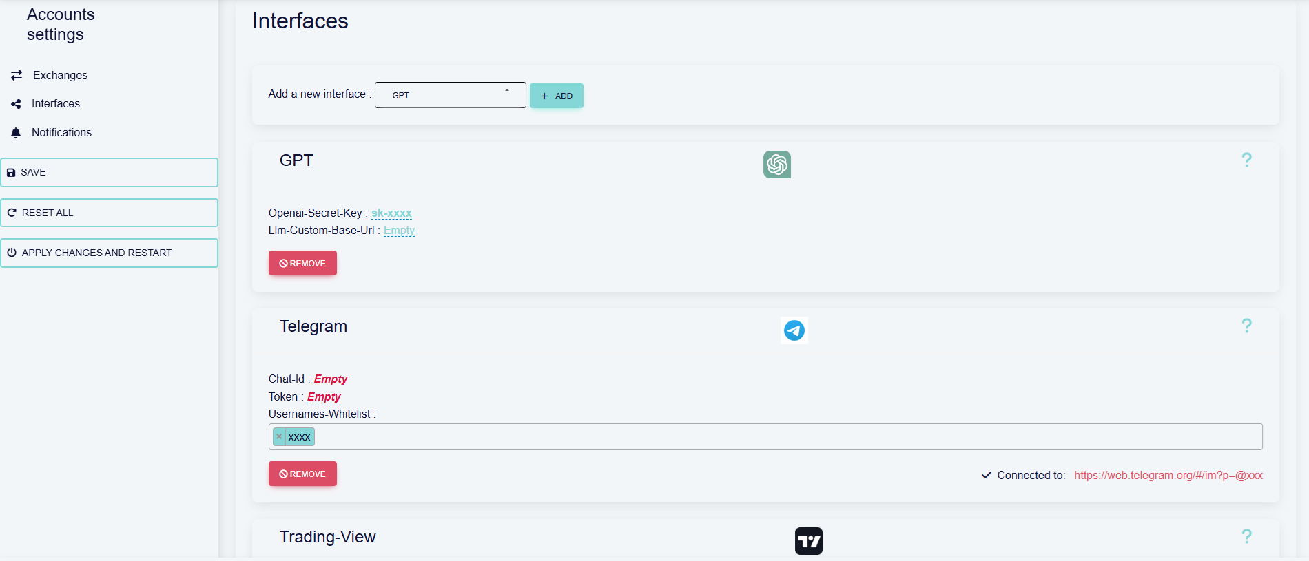 interfaces configuration in octobot