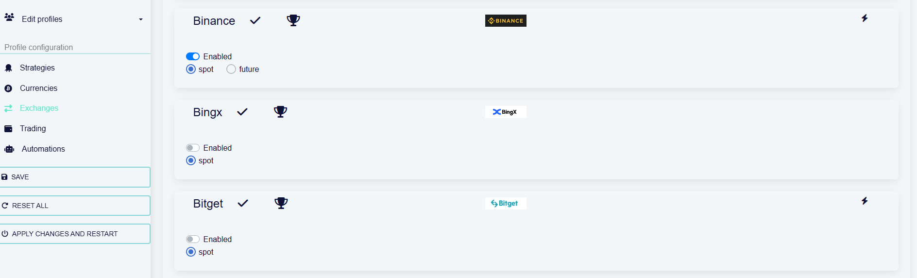 octobot exchanges settings from profiles