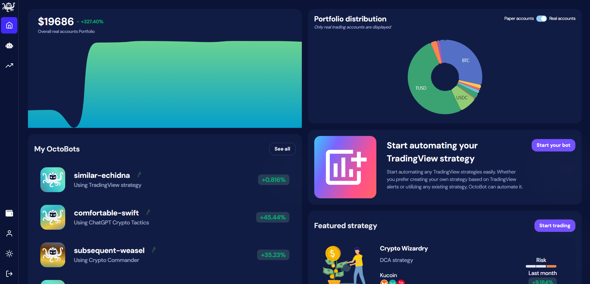 Tableau de bord multi-plateforme OctoBot avec graphique crypto détenues et valeurs historiques du portefeuille et bots en cours d'exécution