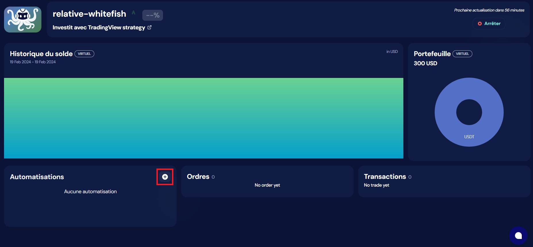 octobot tradingview bot vue initiale nouvelle automatisation
selectionnée