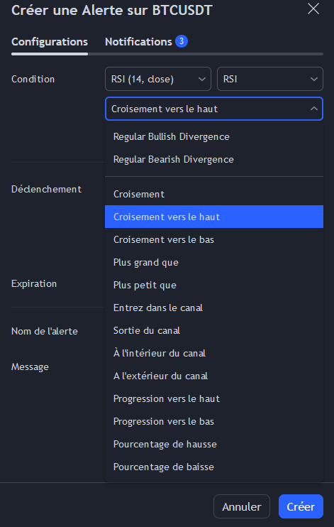 options de declanchement pour creer une alerte depuis un indicateur
tradingview