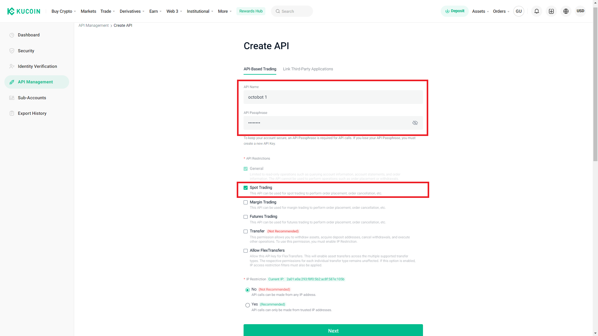 sélection de l'api name passphrase et restrictions