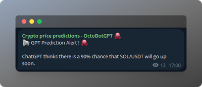 notification Telegram avec ChatGPT qui prédit une augmentation de SOL avec
90% de
probabilité