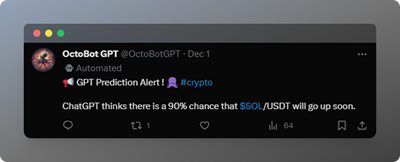 notification Twitter avec ChatGPT qui prédit une augmentation de SOL avec
90% de
probabilité