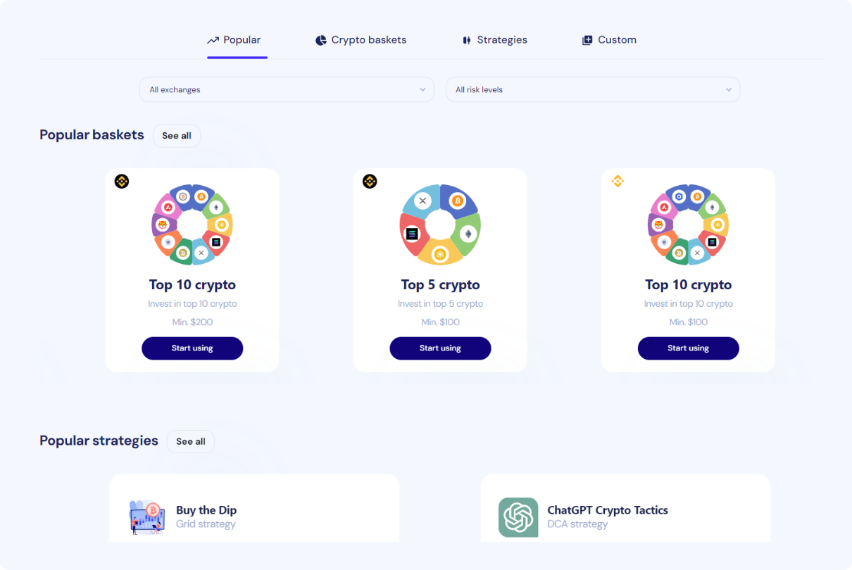 explorateur de stratégie OctoBot avec des paniers de crypto et des stratégies DCA