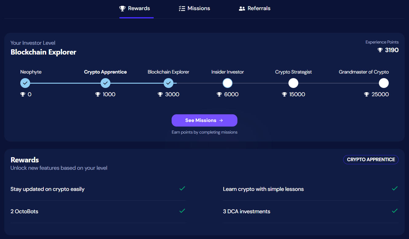 Tableau de bord des récompenses OctoBot montrant les récompenses de crypto
apprenti