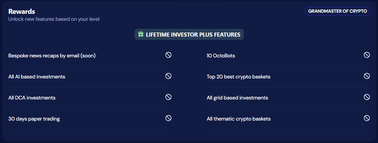 Tableau de bord des récompenses montrant les récompenses du niveau grand
maître
crypto