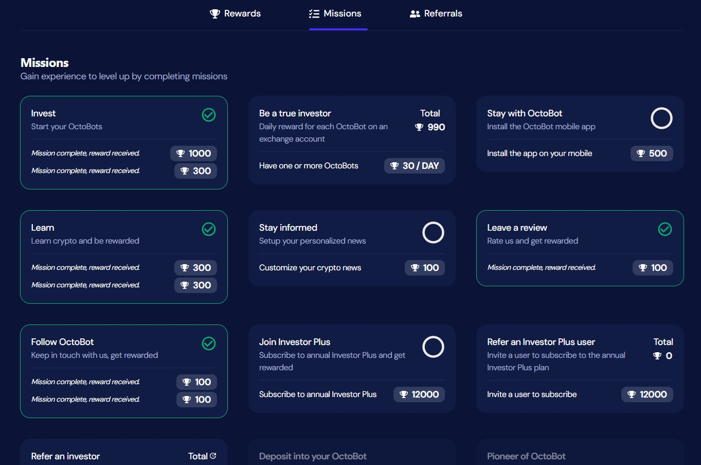 Liste des récompenses OctoBot avec missions complétées et non
complétées