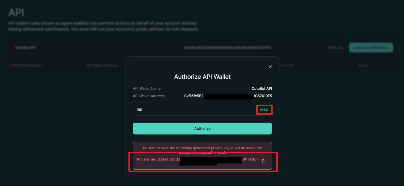 hyperliquid add api days and copy private key